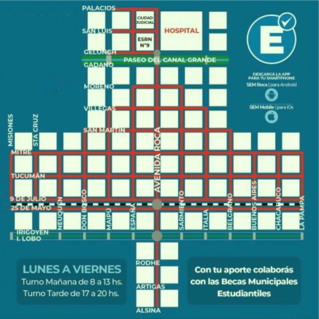 Mapa de zonas y calles de estacionamiento medido en General Roca