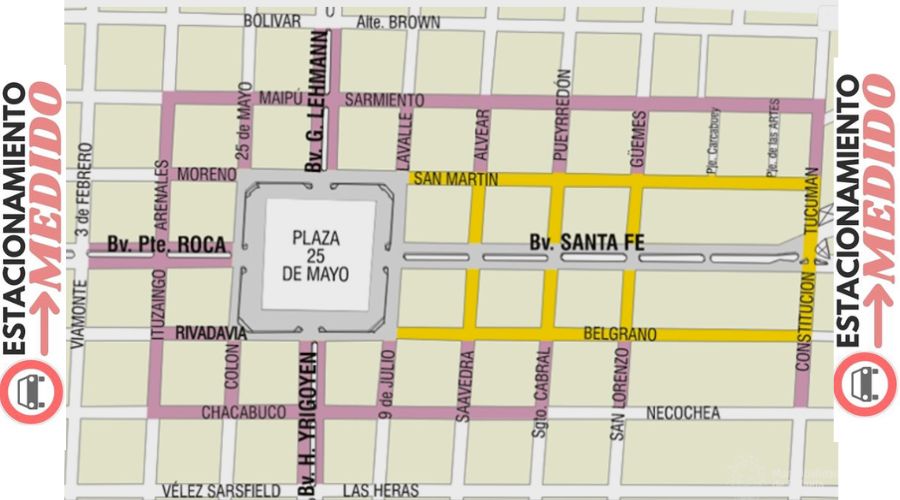 mapa con estacionamiento medido en la localidad de rafaela